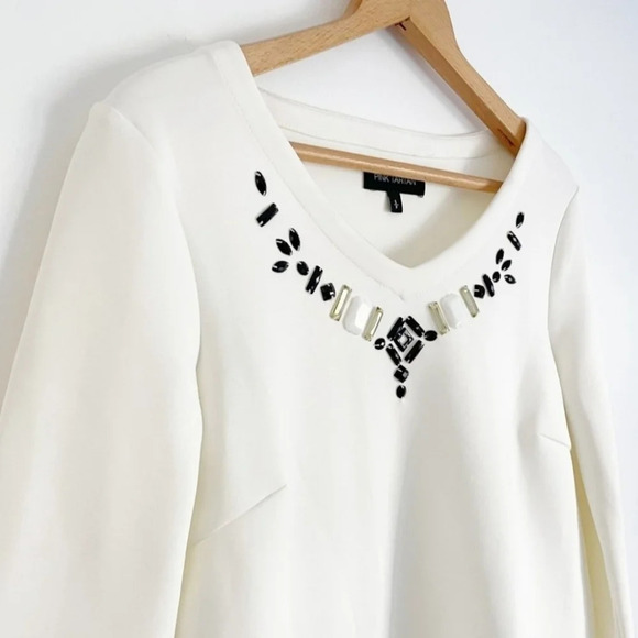 Pink Tartan Cream Jeweled V neck Trumpet Sleeve  Neoprene Swing Dress - Picture 8 of 10